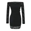 Vestido colado para mulher atraente, estilo sexy europeu e americano, novo vestido bodycon de renda de manga comprida ombro a ombro 2026