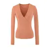 Camiseta de Manga Larga de Color Sólido Versátil Americana con Cuello en V Cruzado para Mujer Otoño Sexy Estilo Puro Deseo Ajuste Delgado Hombro Normal Prenda Base Superior