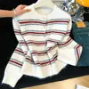 Cárdigan suéter a rayas de bloques de color estilo coreano para mujer, otoño e invierno, holgado y casual, top de punto suave y acogedor