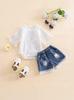 Ropa Nueva Transfronteriza para Niñas Bebé, Monos Casuales y Elegantes de Encaje Calado de Manga Corta, Shorts de Mezclilla, Trajes para Niñas