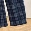Tiro Real de Pantalones de Punto Casuales Retro de Pierna Ancha Sueltos de Hilo Teñido a Cuadros Nuevos para Mujer
