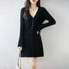 Vestido de Lana Delgado de Manga Larga con Cuello en V Profundo Estilo Americano para Mujer, Entallado en la Cintura, Adelgazante, Color Sólido, Tejido de Punto Corto Acampanado