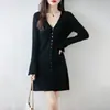 Vestido de Lã 100% Puro com Decote em V para Mulheres no Outono e Inverno, Saia de Tricô de Manga Sino Pequena para Usar por Baixo, Saia Suéter, Comprimento Médio