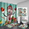 Cortina de Ducha Decorativa de Muñeco de Nieve a Cuadros Rojos Navideños, Poliéster Impermeable y Resistente al Moho, Juego de Cuatro Piezas para Bañera de Baño