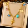 Collar con múltiples colgantes de corazón, sol, luna, elefante estilo europeo y americano, collar de esmalte colorido, cadena para clavícula de acero inoxidable chapado en oro para mujer