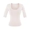 Camiseta de Lyocell Tencel con Cuello en U y Mangas Medias para Mujer 2026 Verano Única Elegante Chic Top Básico Ceñido a la Cintura