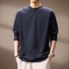 Camiseta Henley de Algodão com Gola Henley Retro Estilo Japonês de Alta Qualidade para Homens, Novo Modelo de Outono, Blusa Casual Simples Solta para Homens