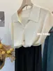 Verão na Coreia do Sul! Suéter Pulôver de Seda Gelada com Manga Meia Manga, Gola Polo com Lapela e Detalhe de Concha, Top Feminino