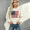 Suéter de tricô jacquard com gola redonda estilo retrô americano para mulheres, novo suéter de outono e inverno folgado com estampa de bandeira, blusa de manga longa
