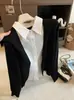 Cardigã de tricô estilo coreano para mulheres, novo look da moda de outono de 2026, combinação moderna de duas peças: camisa e suéter