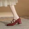 Jin Gang MY4502 Sapato Feminino Mary Jane com Salto Grosso 2024 Novo Outono/Inverno Sapato de Couro Salto Alto Sapato de Boca Rasa Feminino