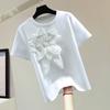 Camiseta de Manga Corta con Cuello Redondo y Estampado de Flores de Alta Resistencia 2024 Verano Estilo Coreano Holgada Recta Color Sólido Con Cuentas Elástica Todo Fósforo Top
