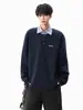 Sudadera tipo polo a rayas de estilo americano de dos piezas falsas para hombre, nueva y moderna de otoño, holgada, casual, gris, cuello camisero, manga larga
