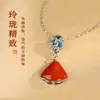 Ágata Roja Forma de Abanico Albaricoque Bueno Contigo Collar de Plata 925 Hoja de Ginkgo Estilo Antiguo Cadena Azul para Clavícula Regalo