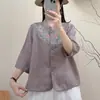 Nueva Camisa de Algodón y Lino Bordada Retro China para Mujer Verano Nueva Artística Manga de Cinco Puntos Delgada Transpirable Top