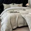 Algodón Agradable para la Piel Jacquard Tejido de Color Juego de Cama de Cuatro Piezas Funda de Edredón de Algodón Puro Funda de Almohada Sábana Plana Sábana Ajustable Juego Doble para el Hogar de Cuatro Estaciones