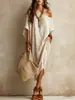 Em estoque 2026 Vestido de algodão e linho estilo europeu e americano de um ombro para mulheres, corte solto, mangas morcego, comprimento médio, fenda, vestido de férias, transfronteiriço