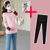 Moda Gestante Outono e Inverno Veludo Térmico Tendência Popular Top Camada Base Leggings de Cintura Alta que Cobrem a Barriga Ajustados Conjunto Tendência