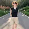 Cárdigan de punto de seda helada estilo francés con cuello en V para mujer, top de punto de manga corta, nuevo top popular de verano sin mangas 2026