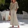 Conjunto de Traje de Algodón y Lino Nuevo de Verano para Mujer Top Holgado de Manga Corta con Cuello en V Pantalones de Pierna Ancha Rayados Conjunto de Dos Piezas Casual Transfronterizo