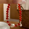 Pulsera de Plata de Ley S925 con Oso Lindo y Cascabel de Ágata Roja Natural Atmósfera Dulce de Año Nuevo Joyería Apilable