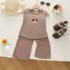 Nuevo Estilo de Verano Conjunto de Tirantes sin Mangas de Seda de Hielo para Niñas, Elegante y Lindo Chaleco de Dibujos Animados de Color Sólido Conjunto de Dos Piezas para Niños Pequeños y Medianos