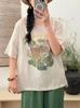 Nueva Colección Primavera y Verano Estilo Vintage Holgado Tallas Grandes Camiseta de Lino Estampada Informal Versátil Pulóver Superior Venta al por Mayor