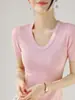 Tienda Insignia Shanghai Dan Nong / Camiseta de Punto Elegante con Cuello en U de Lana de Acetato para Mujer, Manga Corta de Verano, Corte Ajustado, Ropa Interior