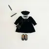 Vestido de veludo infantil para meninas com acabamento em renda vintage vestido princesa de pérolas estilo coreano elegante vestido longo de manga comprida infantil