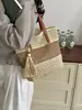 Bolsa Tote Casual Color Block Tecida em Palha Versátil Estilo Fresco Artístico Bolsa de Ombro para Viagem e Dia a Dia para Mulheres