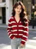 Suéter de Punto de Cuello Redondo para Mujer 2026 Otoño/Invierno Nuevo Cárdigan de Punto Rayado Primavera/Otoño Top Ajustado de Manga Larga Algodón Negro