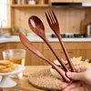 Juego de cubiertos de madera maciza: cuchara, tenedor y palillos de madera, juego de tres piezas con mangos largos, cubiertos portátiles para adultos