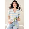 Verano Nuevo Ropa de Mujer Sentido del Diseño Color Contraste Encaje Retro Cuello Polo Manga Corta Top Suéter de Mujer