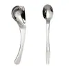 Cuchara y Tenedor Curvos de Acero Inoxidable con Dientes Cuchillo de Cuchara Integrado y Tenedor Cuchara para Alimentar Bebés en Casa Cuchara y Tenedor Curvos de Codo para Entrenamiento de Niños