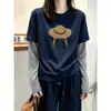 Camiseta de Manga Larga con Parches Rayados Falso Dos Piezas para Mujer Otoño Holgada Estilo Coreano Sentido del Diseño Nicho Capa Interior Capa Base Superior