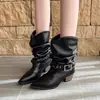 Botines de punta fina, tacón grueso y fruncidos para mujer, nueva colección otoño 2026, con hebilla de cinturón, versátiles y elegantes, botas de montar de tacón alto