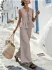 Conjunto Casual Feminino de Duas Peças: Top Listrado Sem Mangas com Decote V e Amarração e Calça de Cintura Alta Wide Leg Estilo Europeu e Americano