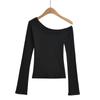 Otoño e Invierno Nuevo Hombro Oscilante Chica Picante Camiseta Base Ajustada Manga Larga para Mujer Forrada de Polar Engrosada Sexy Hombro Camiseta Interior Top