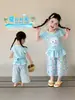Conjunto de Roupa de Verão para Meninas 2026 Novo Estilo Crianças Estiloso Camiseta de Manga Curta Meninas Crianças Mais Velhas Moda Calça de Pernas Largas Conjunto de Duas Peças
