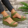 Sandalias de cuña de una tira talla grande para mujer, exportación japonesa y coreana, sandalias romanas de tiras cruzadas, puntera abierta, cremallera trasera, hebilla, suela gruesa