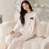 Em estoque pijama de manga comprida e calça comprida para mulheres, anti-bolinhas super confortável algodão stretch casual pulôver pode ser usado fora de casa duas peças