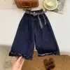 Calças femininas para usar no outono, jeans da moda estilo coreano, novas calças compridas de cintura alta com babados e pernas largas para primavera e outono
