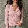 Ropa de Otoño Nueva Transfronteriza Europea y Americana para Mujer Camisa de Manga Larga Plisada con Cuello Cruzado Top Casual Mujer