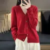 Cárdigan de punto sin costuras de una pieza para otoño e invierno, cuello en V, 100% lana tejida, color liso, chaqueta superior de estilo coreano simple para mujer