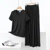 Conjunto de Camiseta Casual Solta Fina de Modal Feminino Primavera e Verão Estilo Coreano Manga Curta Tamanho Grande Slim Conjunto de Duas Peças