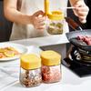 Tarro de condimento de vidrio con tapa abatible, tarro de sal, botella de condimento para el hogar con cuchara, tarro de condimento de cocina colgante adecuado