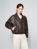 Chaqueta de cuero biker corta de piel de cordero para mujer, otoño/invierno 2026, con cuello de solapa, corte holgado, fresca y elegante, negra, tacto de alta gama, abrigo de corte holgado