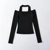 Pure Spice Girls Primavera Nova Gola Pendurada Decote Em V Ombro Manga Comprida Camiseta Slim-Fit Slimming Cor Sólida Base Interna Camisa Top