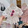 Conjunto de Duas Peças Verão Novo Menina Doce Bebê com Gola Polo Acabamento na Bainha Camisa de Manga Curta e Shorts com Lapela