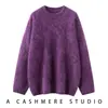 Suéter de punto de cachemira pura color morado cepillado, nuevo para otoño e invierno, cuello redondo, para mujer, elegante suéter morado de manga larga